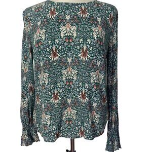Morris Co H&M Floral Blouse Top Womens 6 Green Flowy Boho British Ruched Sleeves